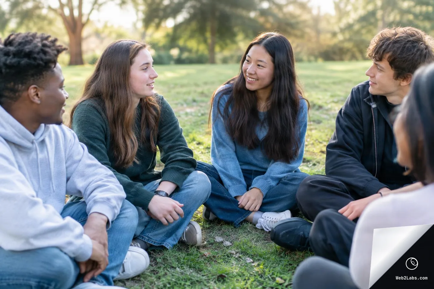 Five young adults sit in a loose circle on grass in a park, smiling and talking together in soft afternoon light.