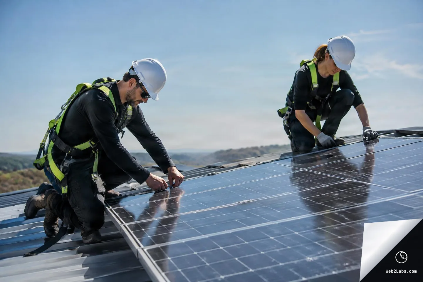 Two solar installers wearing white hard hats and safety harnesses kneel on a rooftop while fastening large solar panels in bright daylight, with blue sky and distant landscape in the background.