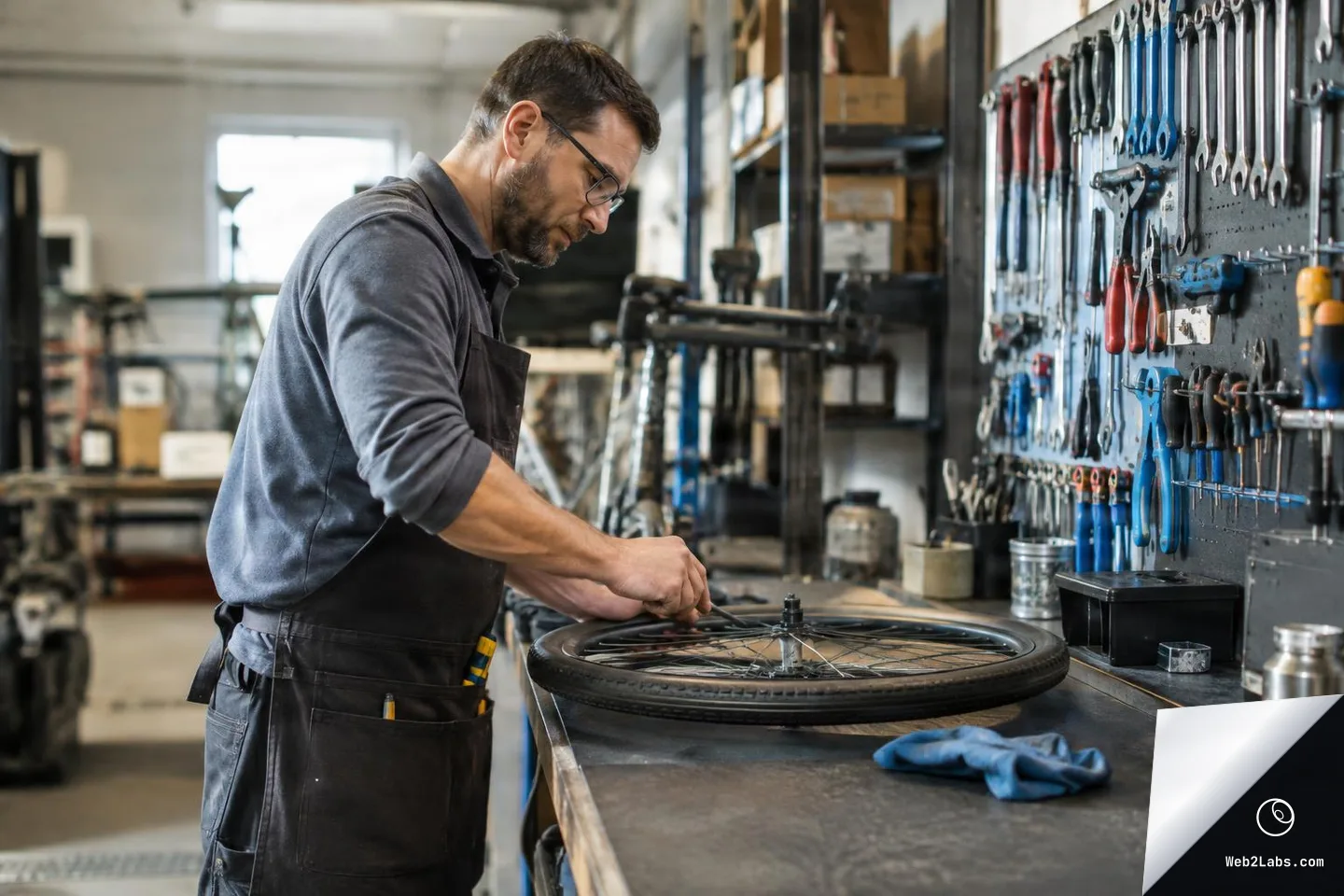 Side view of a repair shop worker wearing an apron and glasses adjusting a bicycle wheel on a workbench, with hand tools hanging on a wall pegboard in the background.