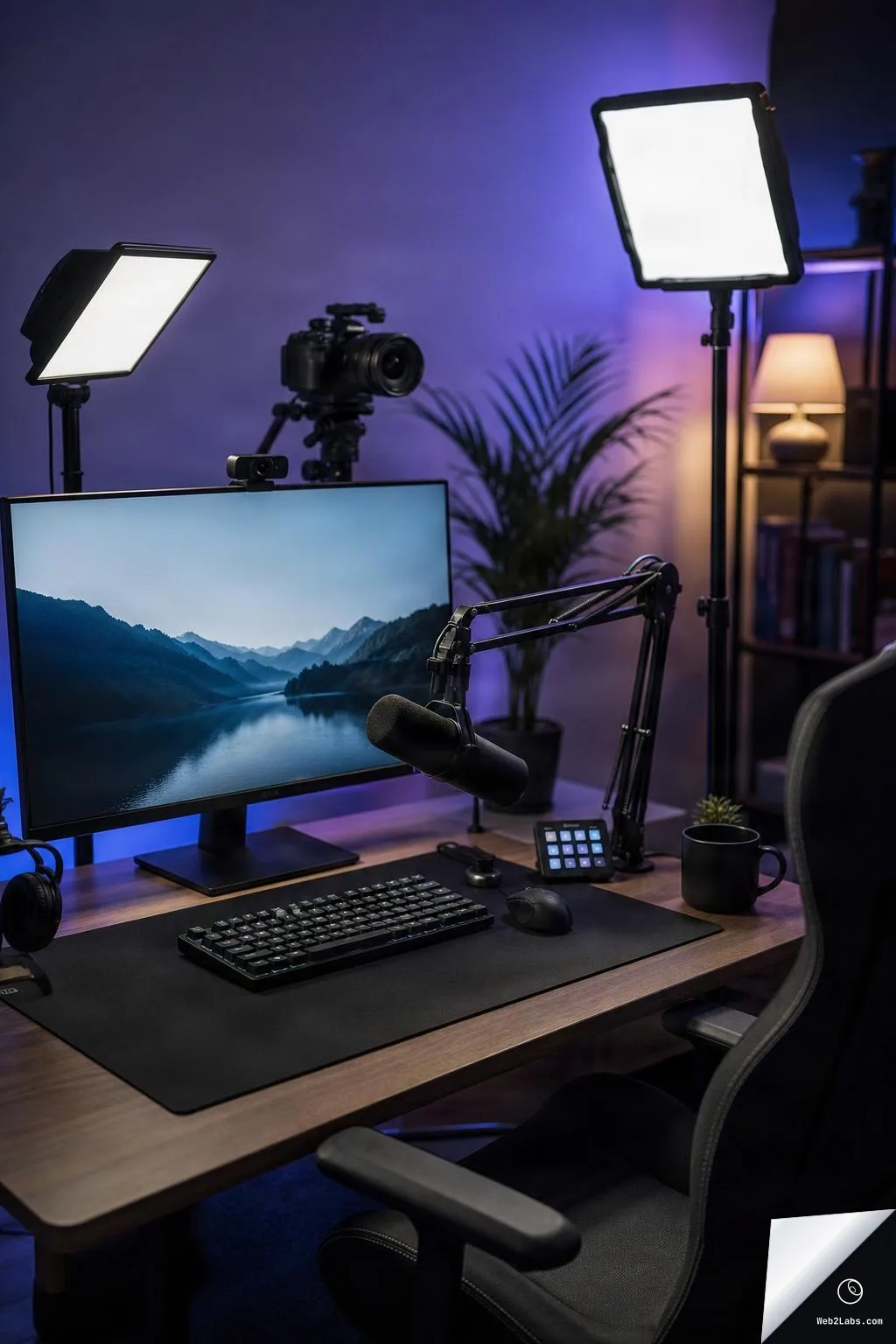Vertical photo of a streaming desk setup with a widescreen monitor showing a mountain lake wallpaper, two LED panel lights, a camera on a tripod behind the monitor, a boom-arm microphone, keyboard and mouse on a desk mat, and a warm lamp and shelves in the background.