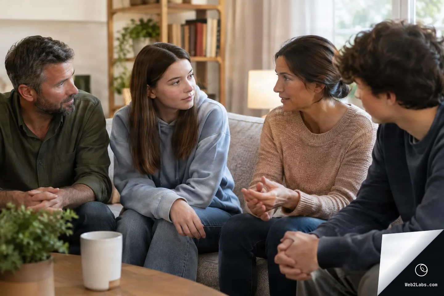 Four family members sitting close together on a living room sofa, talking and listening attentively in a calm home setting with soft daylight and a coffee table in the foreground.