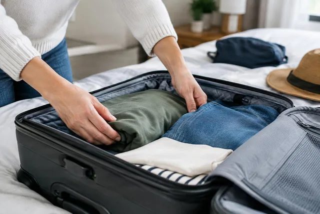 Hands Packing Clothes in Suitcase