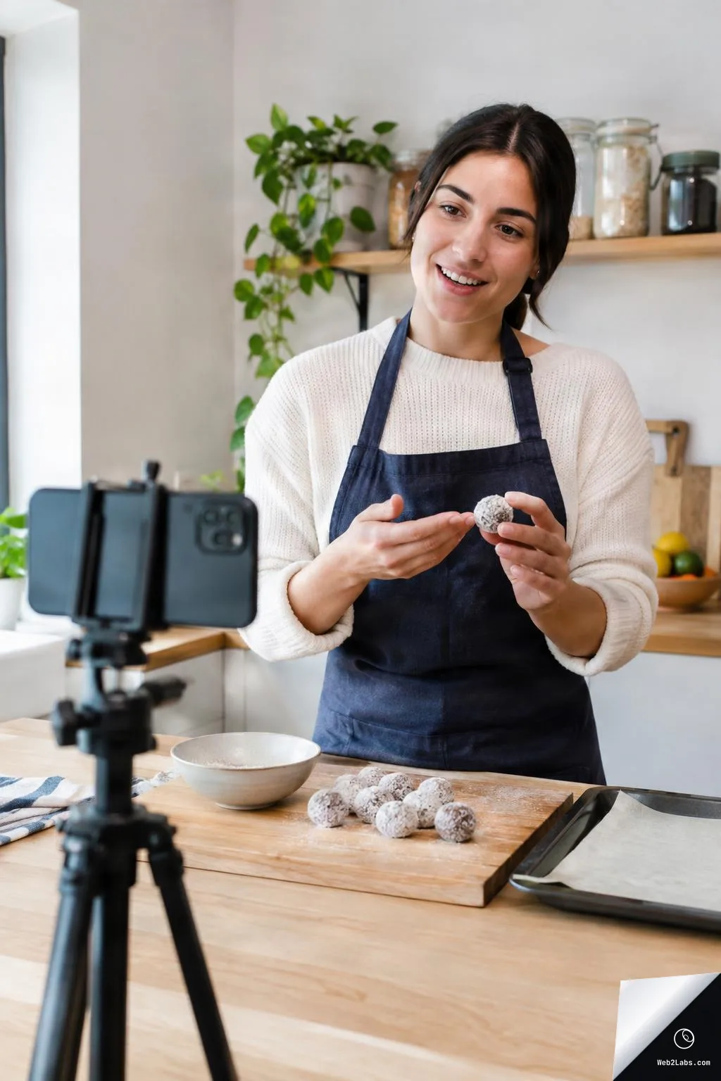 Woman in an apron holds a powdered truffle over a cutting board of truffles while a smartphone on a tripod films her in a bright home kitchen.