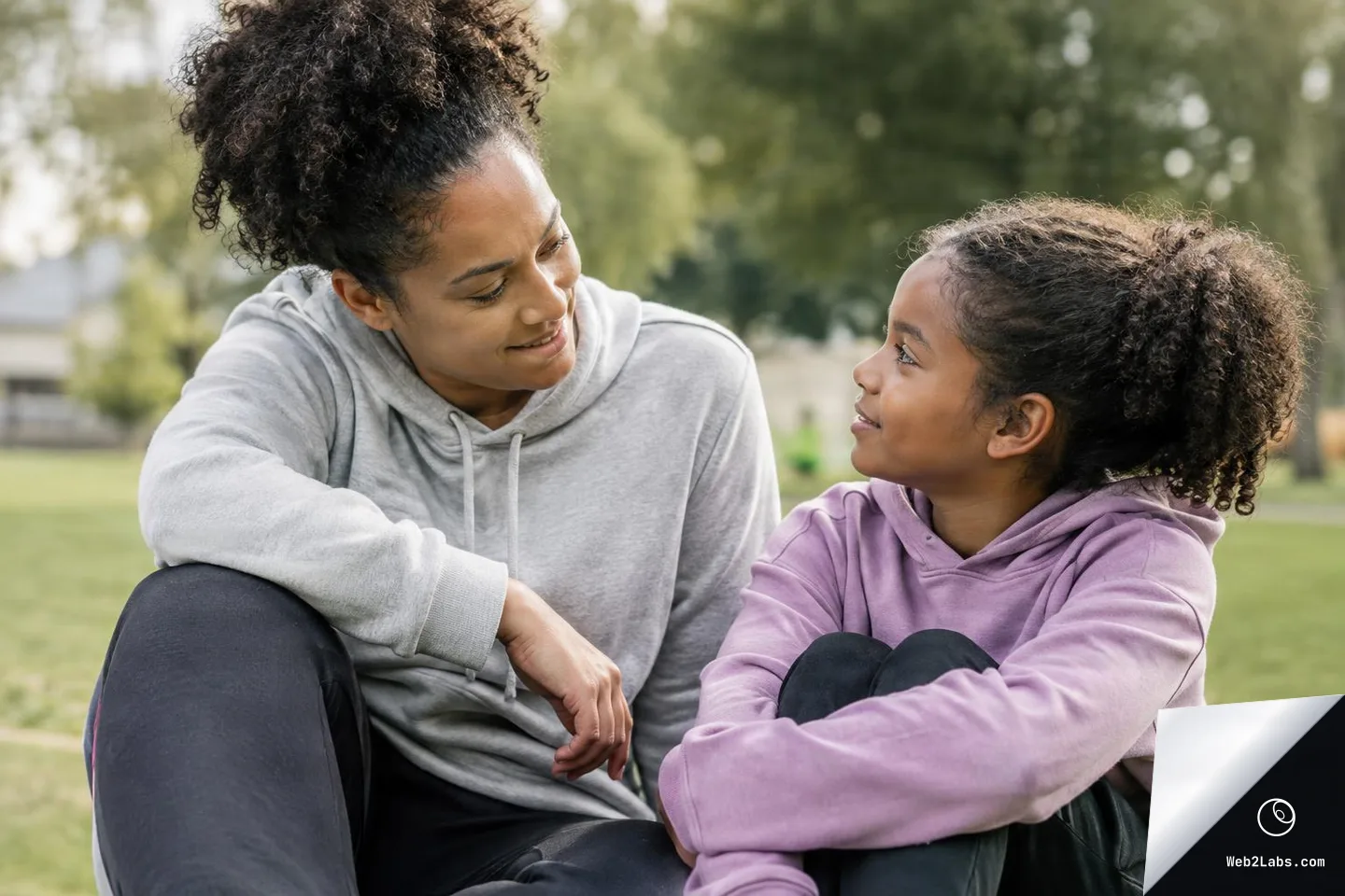 A woman in a gray hoodie sits on the grass facing a young girl in a purple hoodie, smiling and talking together in a park with trees blurred in the background.