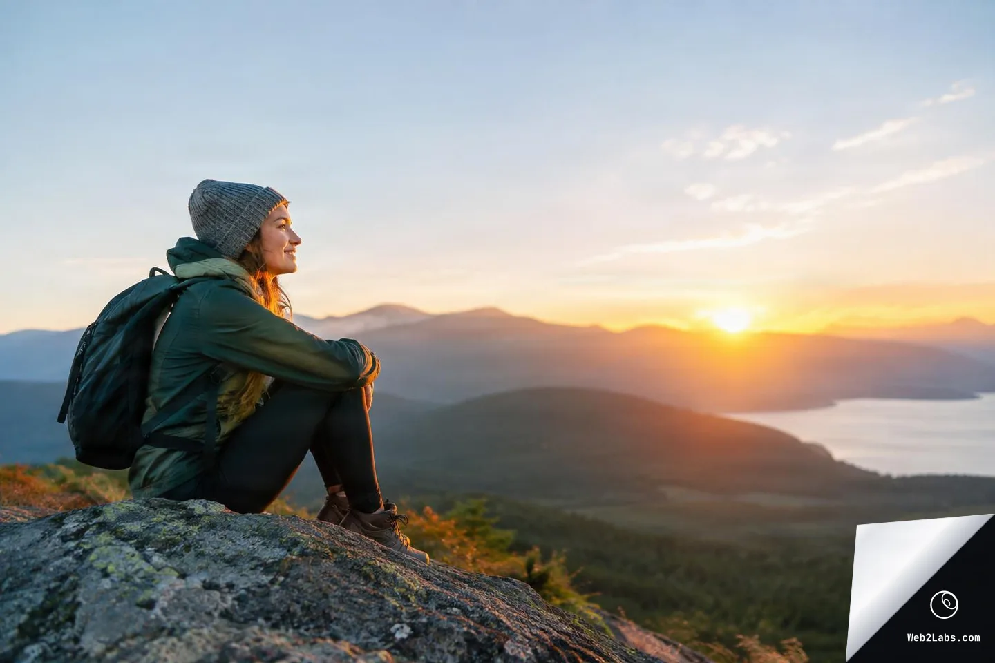 Woman wearing a beanie and backpack sits on a rock ledge, looking toward a sunrise over mountains and a lake, with open sky for copy space.