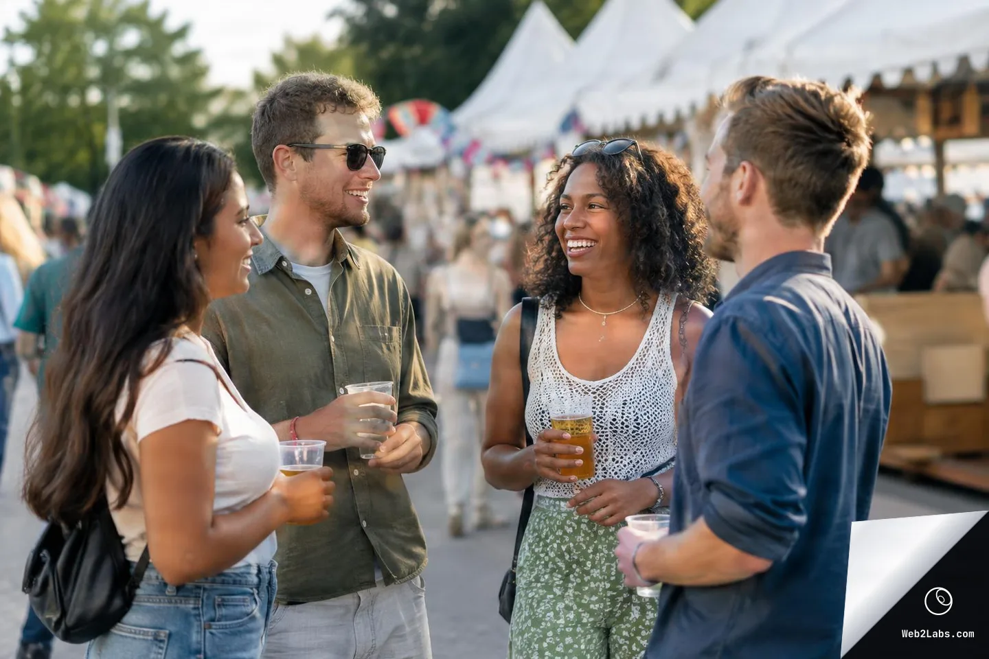 Four friends stand in a small circle talking and smiling at an outdoor street festival, holding plastic cups with drinks, with vendor tents and a crowd blurred behind them.