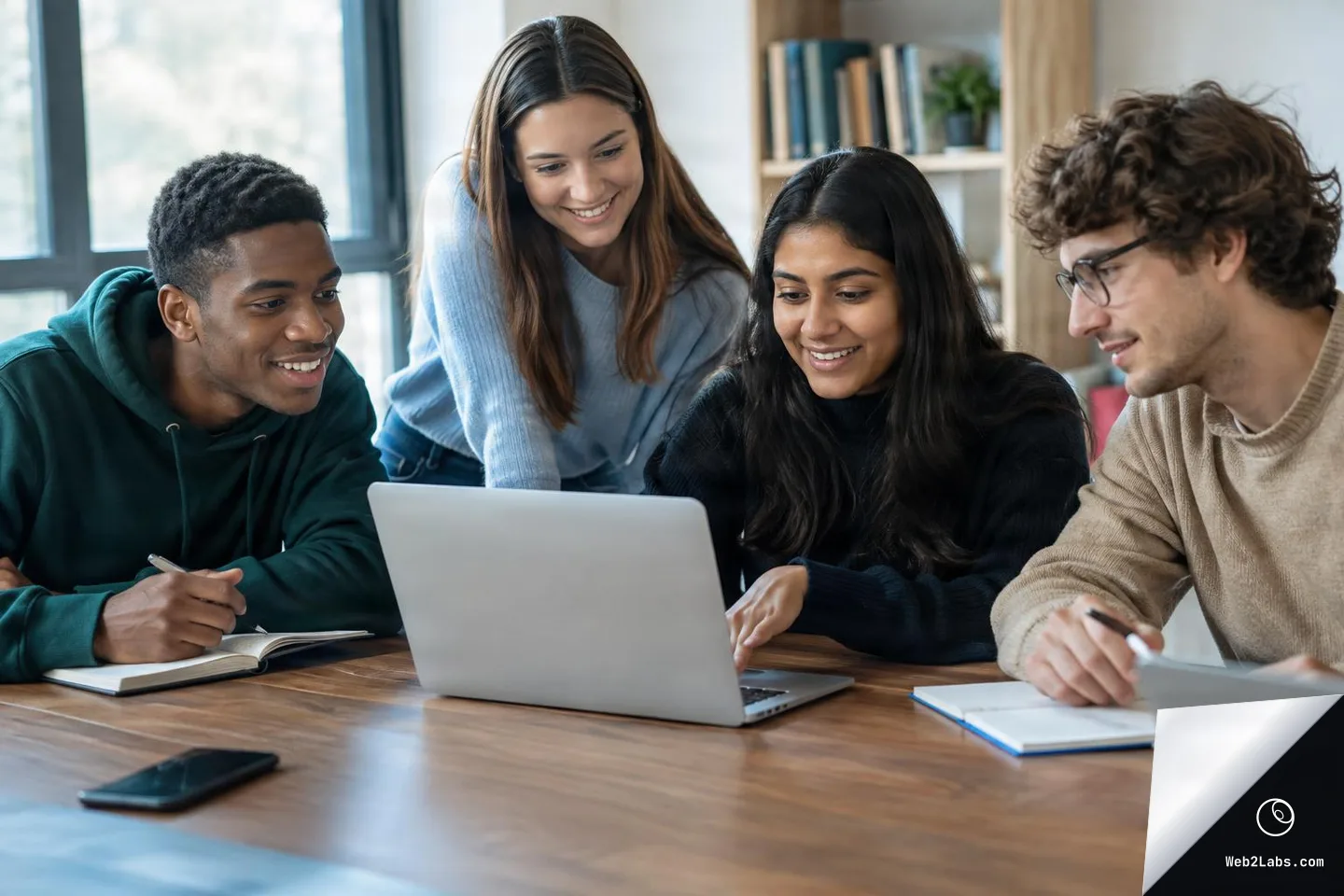 Four young adults gathered around a laptop at a wooden table, smiling and discussing while taking notes in notebooks in a bright study room.