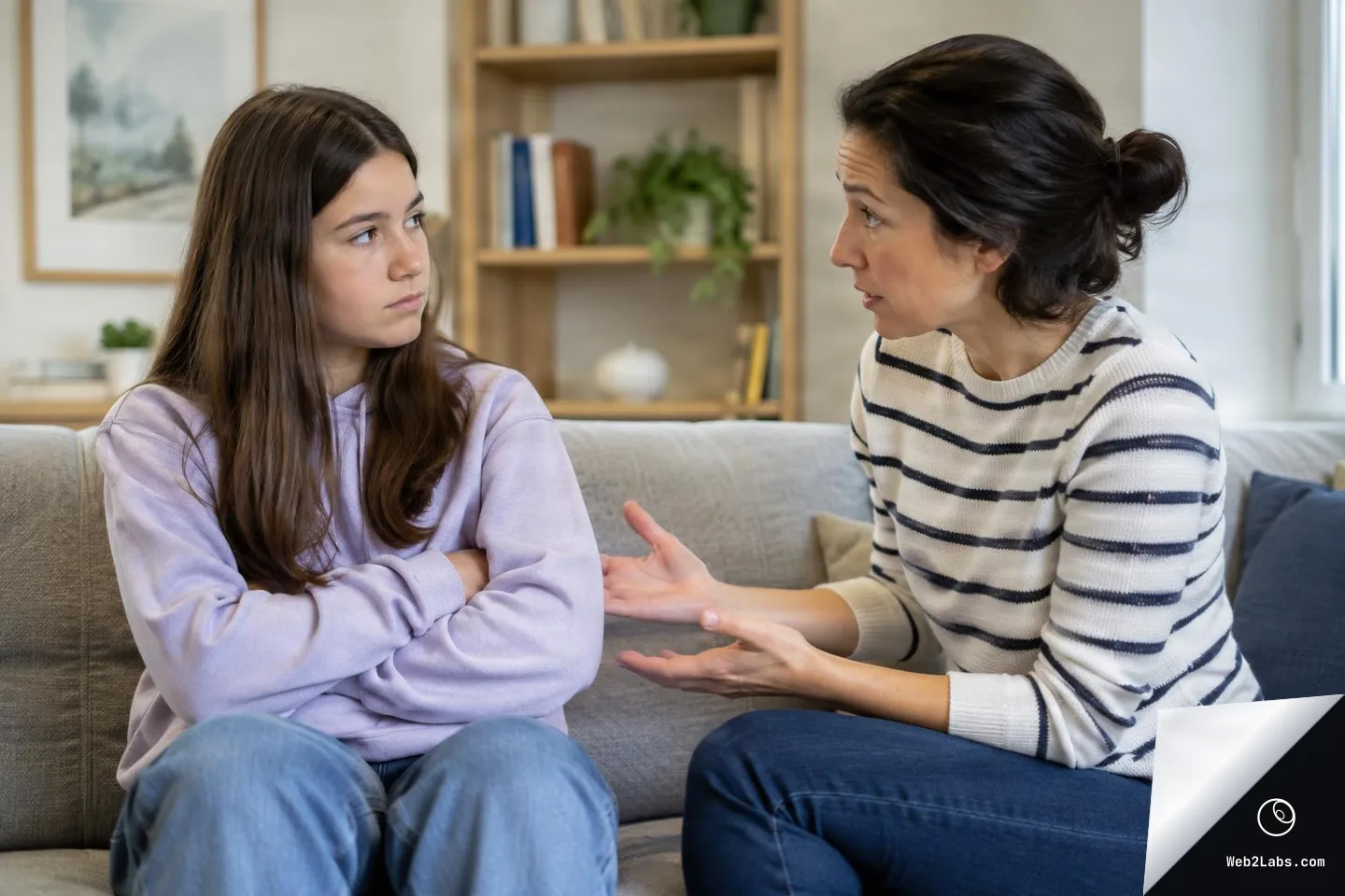 Teenage girl with arms crossed looks away as an adult woman speaks with open hands while sitting on a couch in a living room.
