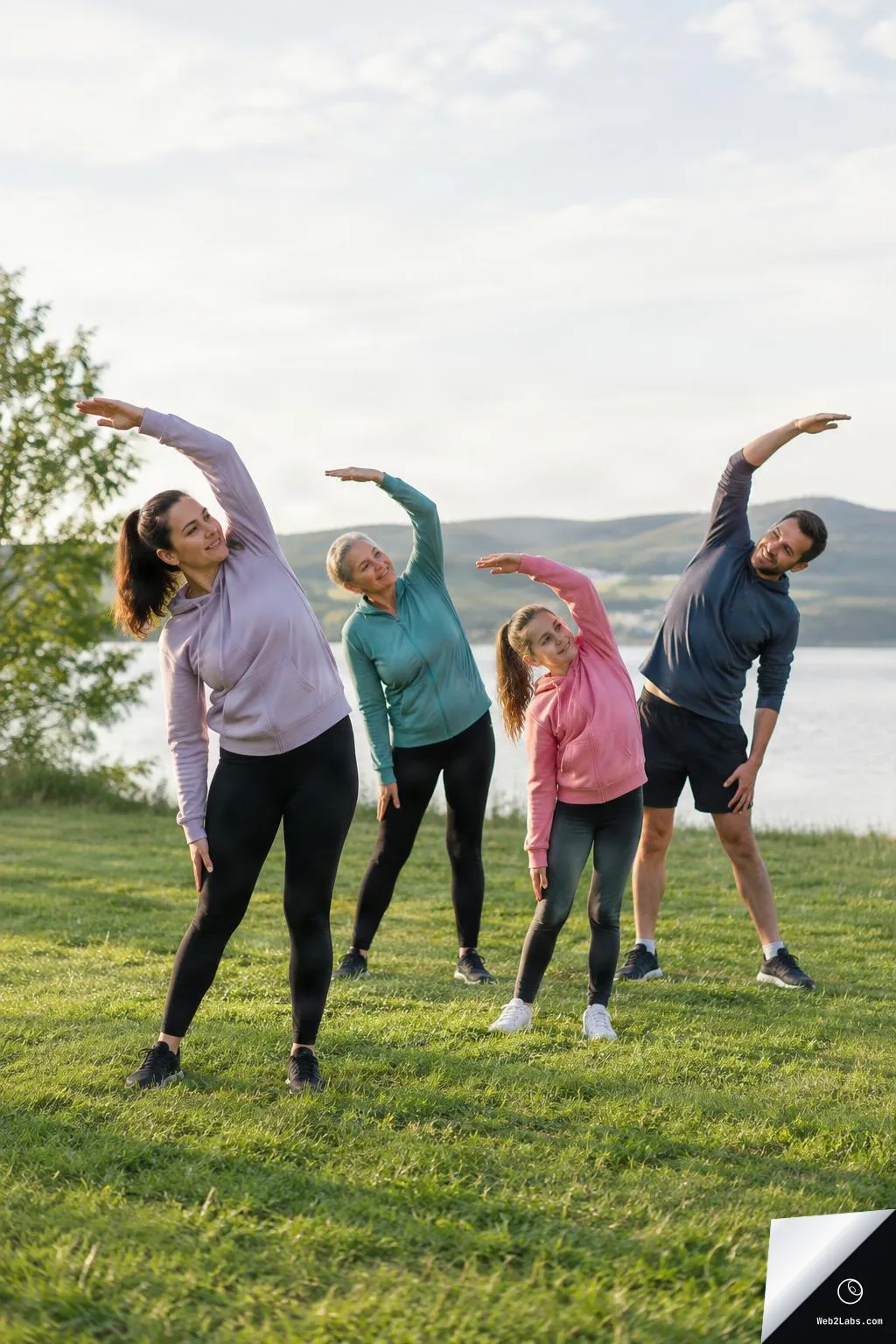 Four people of different ages doing a standing side stretch on a grassy lawn near a lake, with hills and a bright cloudy sky in the background.