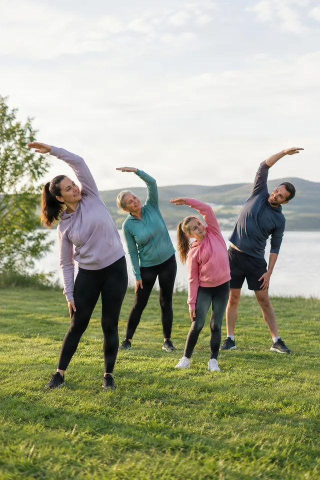 Family Stretching by the Lake