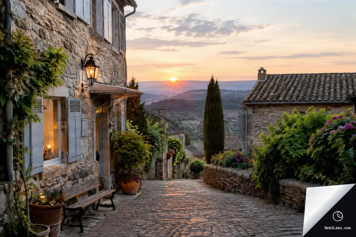 A narrow cobblestone street in a stone village at sunset, with shuttered windows, a lit wall lantern, potted plants and flowers, and rooftops leading to a distant valley and hills under a soft sky.