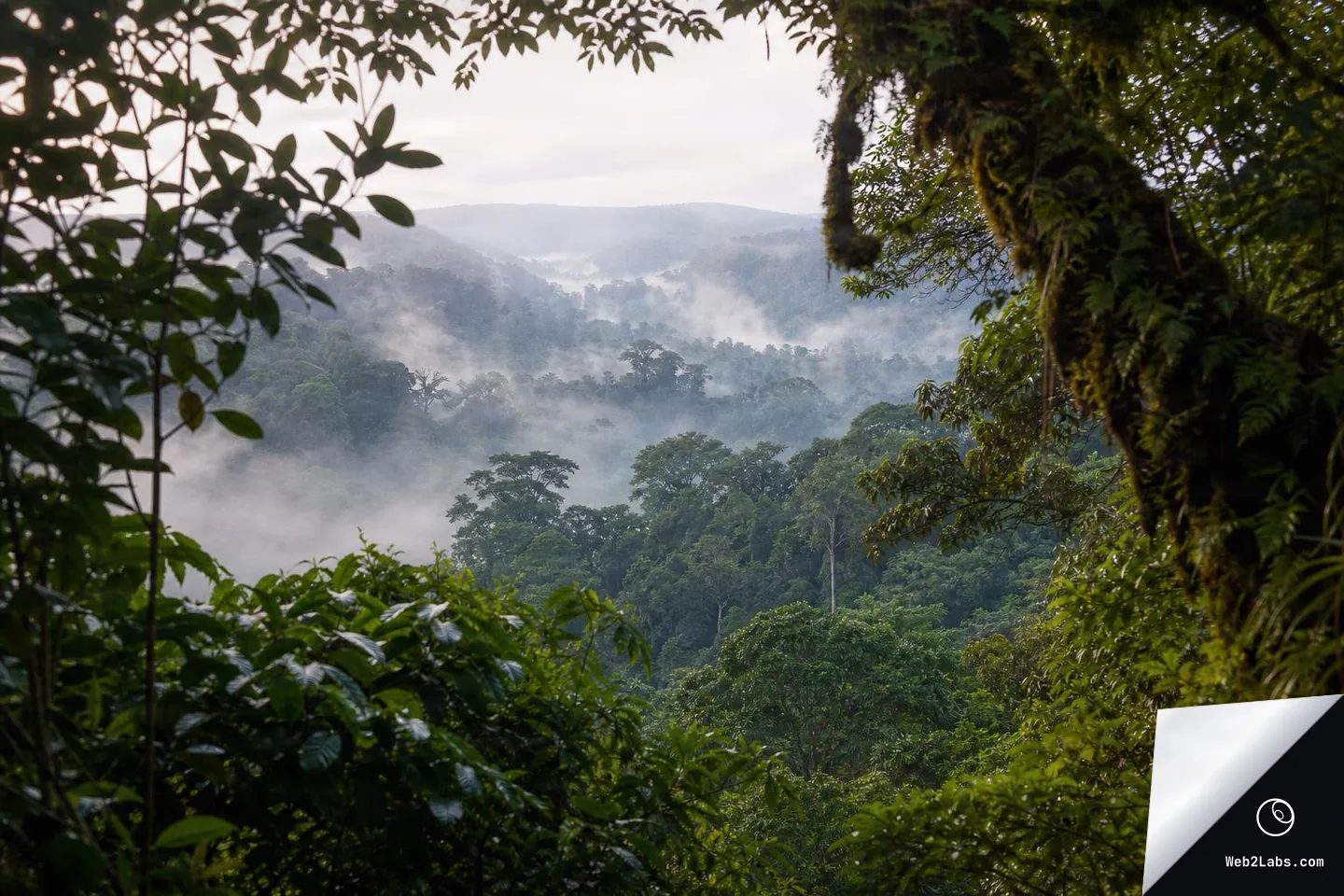 Misty rainforest canopy stretching across rolling hills, framed by leaves and mossy vegetation in the foreground under a bright overcast sky.