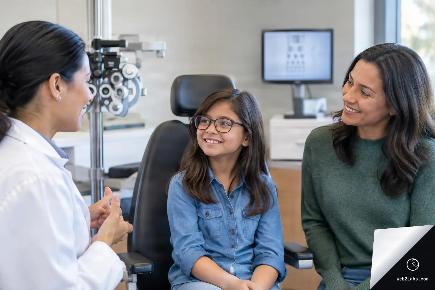Optometrist in a white coat talks with a smiling child wearing glasses seated in an exam chair while the child's mother sits beside her in an eye clinic, with optometry equipment and an eye chart screen in the background.