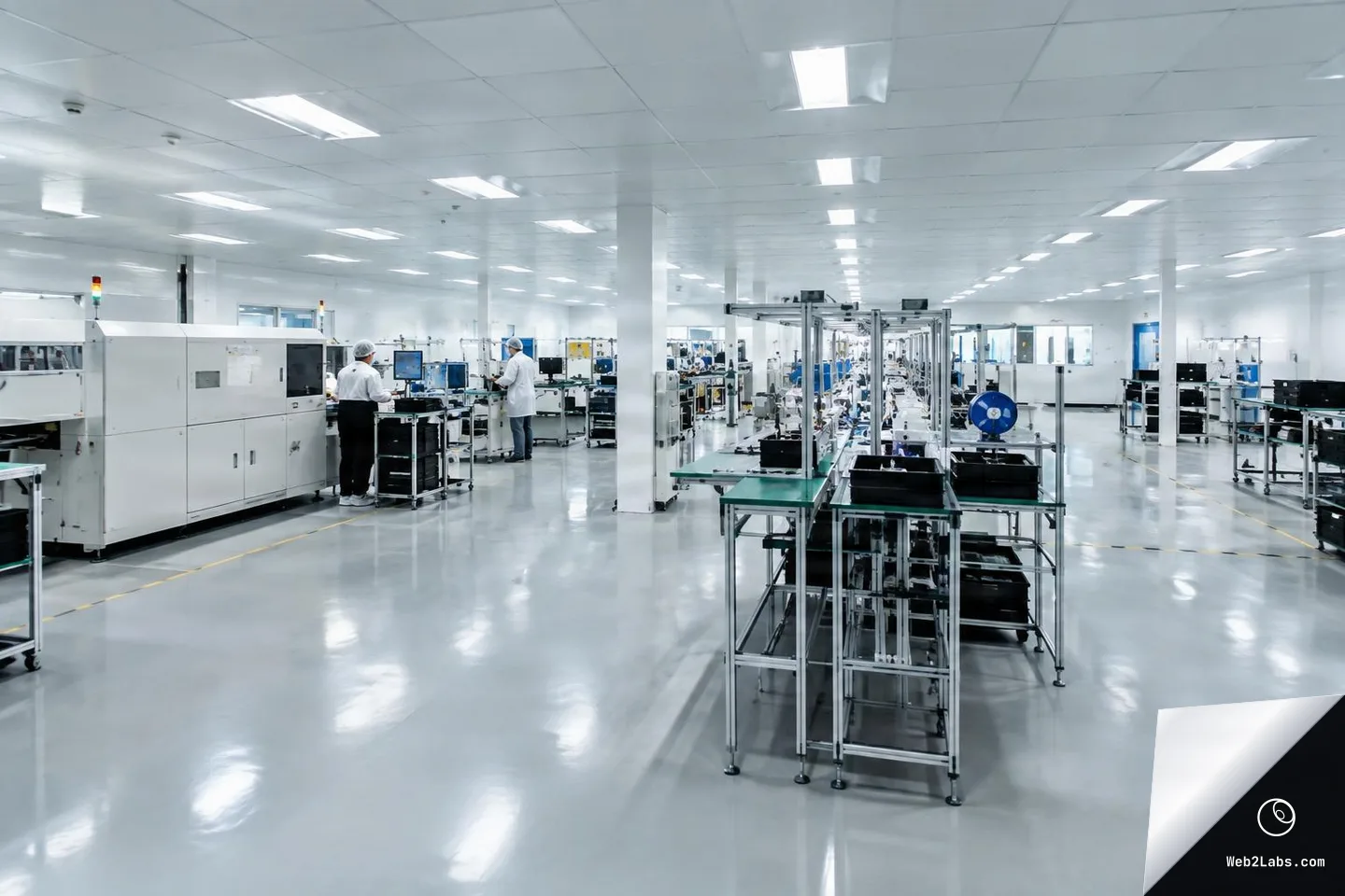 Wide view of a clean industrial manufacturing floor with automated equipment and assembly tables; two technicians in lab coats and hair caps work at computer stations under bright ceiling lights.