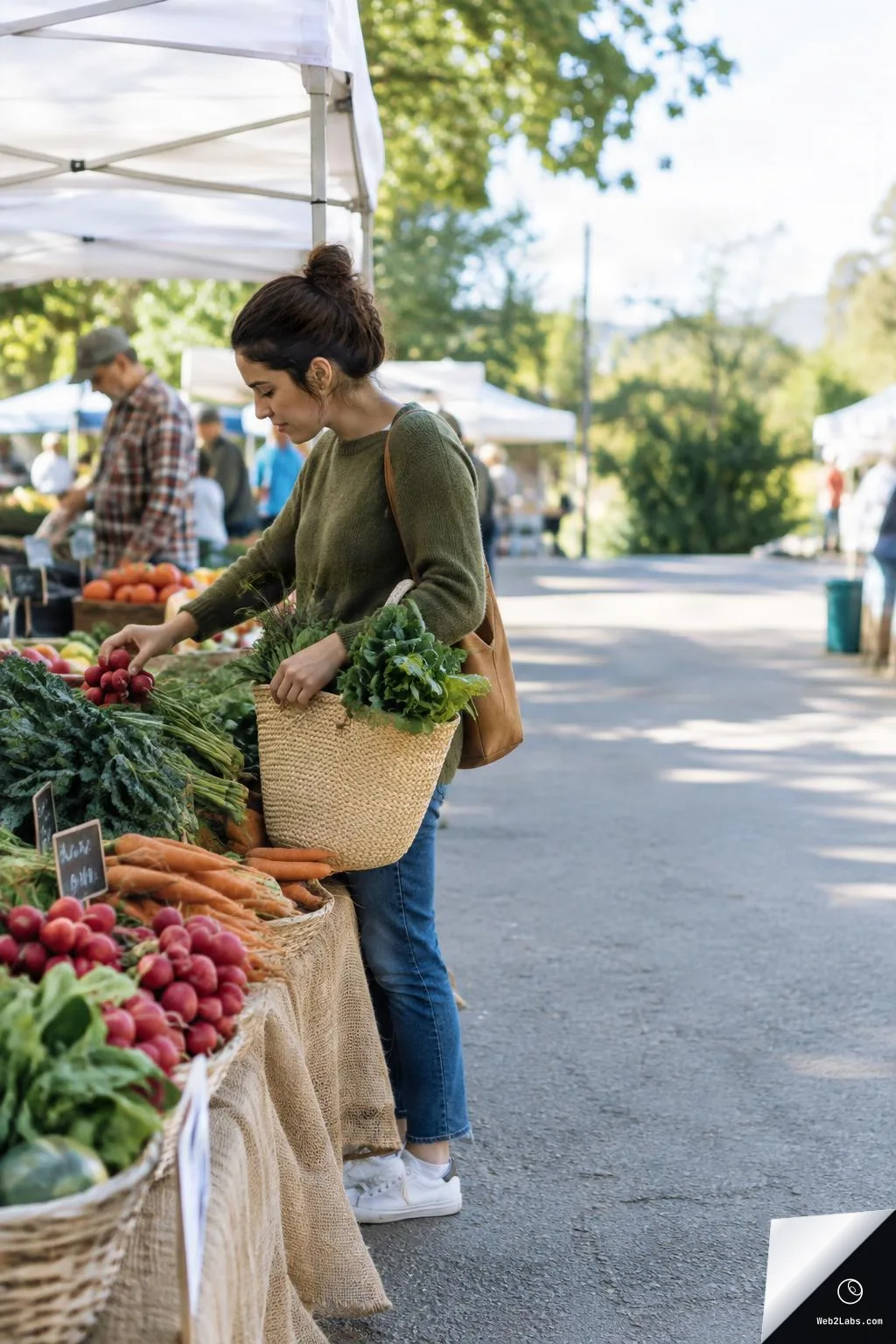 Woman holding a woven tote filled with leafy greens while picking radishes at an outdoor farmers market produce stall, with tents and shoppers blurred in the background and open space on the right.