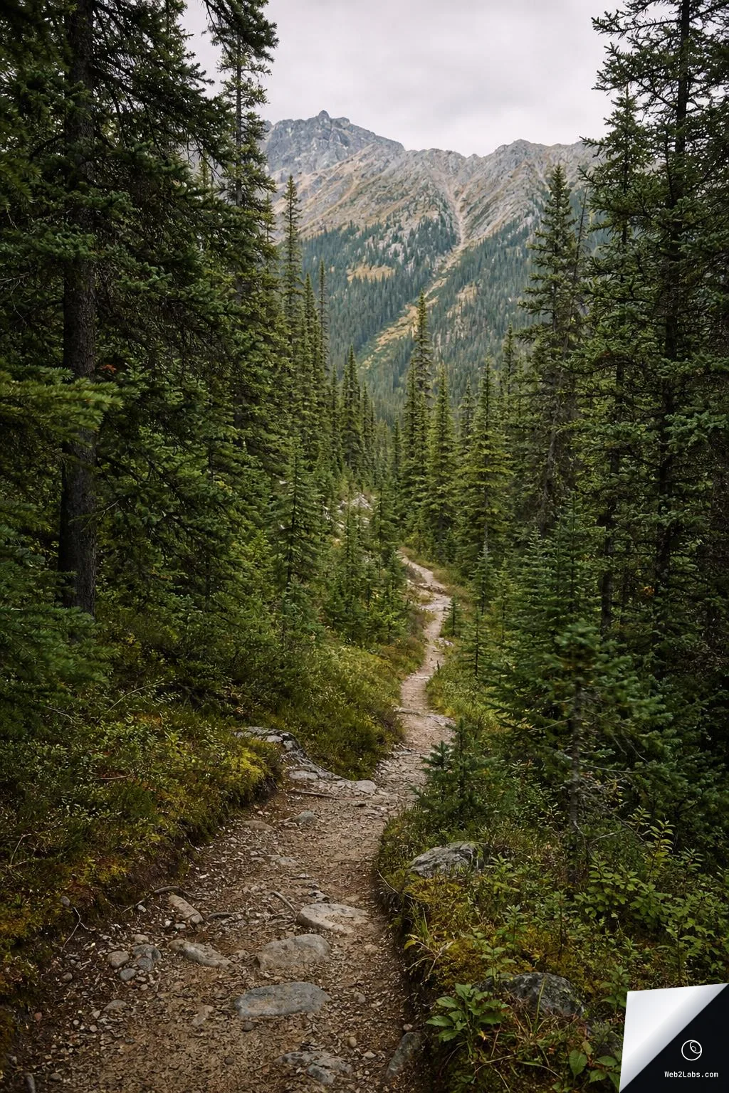 A rocky dirt trail winds through dense green pine trees toward distant gray mountain peaks under an overcast sky.