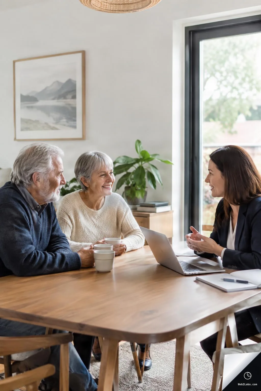 Older couple seated at a wooden dining table talking with a female advisor; a laptop and notebook are on the table in a bright home with a large window and a plant in the background.