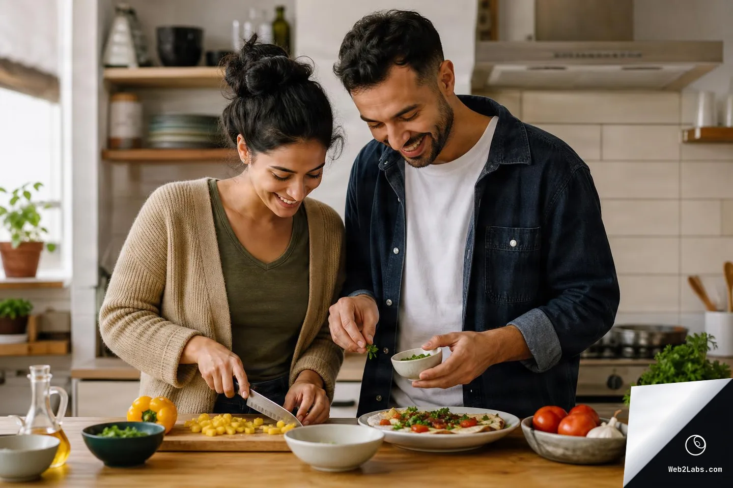 A smiling couple stands at a kitchen counter preparing food; the woman chops yellow vegetables on a cutting board while the man sprinkles herbs onto a plated dish, with fresh produce and cookware in the background.