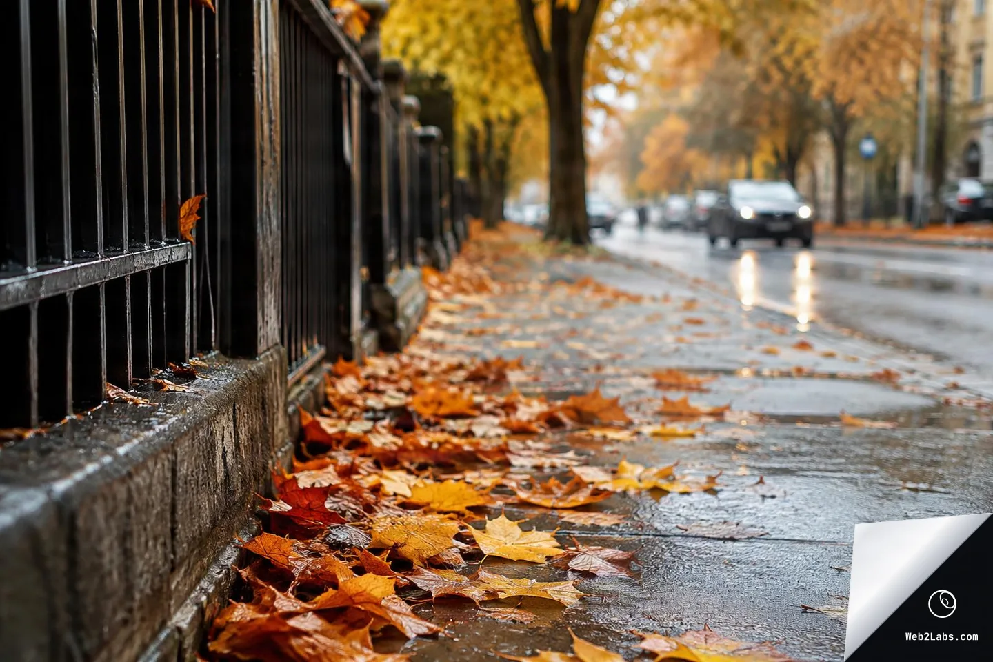 Low-angle close-up of orange and yellow fallen leaves on a wet sidewalk next to a black iron fence, with a blurred street, trees, and car headlights in the background.