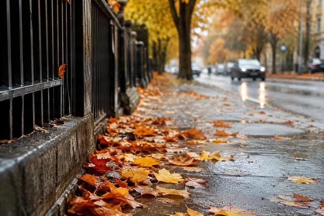 Rainy Autumn Sidewalk Close-Up