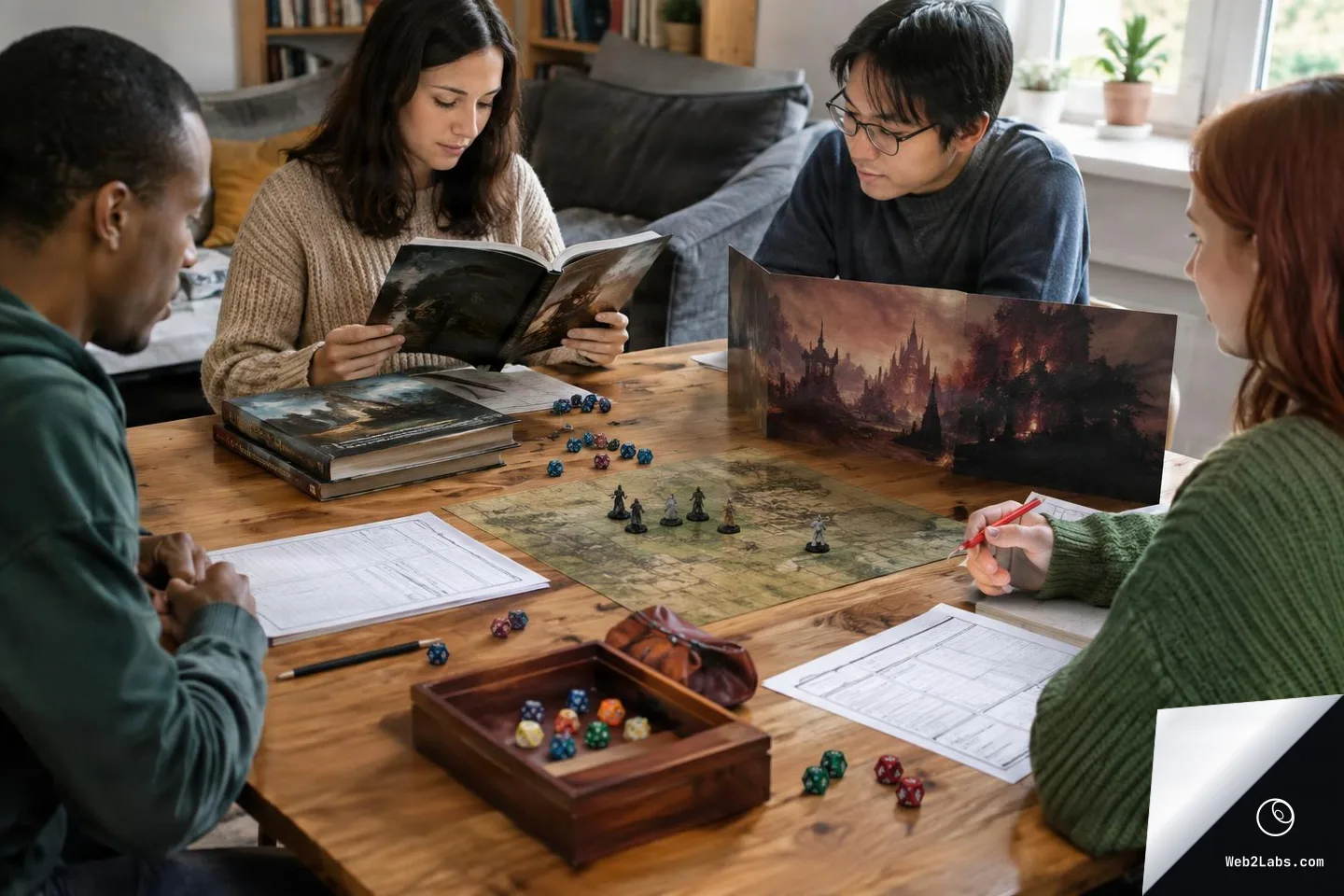 Four people seated around a wooden table preparing for a tabletop roleplaying game, with a GM screen, printed character sheets, polyhedral dice, miniatures on a map, and rulebooks in a living room.