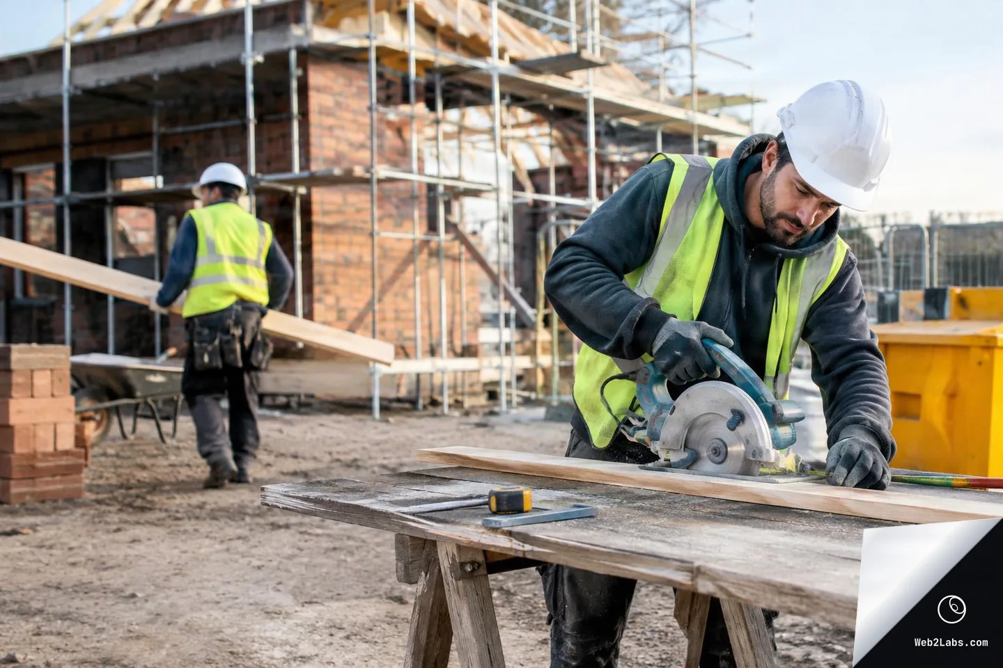 Construction worker in a white hard hat and high-visibility vest uses a circular saw to cut a long wooden plank on a workbench, with scaffolding and a partially built brick structure in the background and another worker walking away carrying lumber.