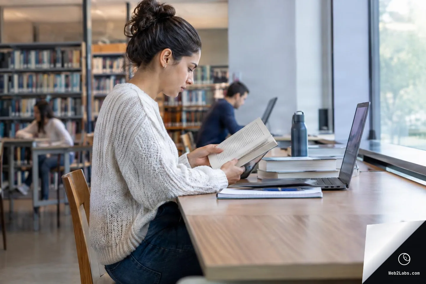 Side-on view of a young woman sitting at a library desk reading an open book next to a laptop, with books and other students blurred in the background near large windows.