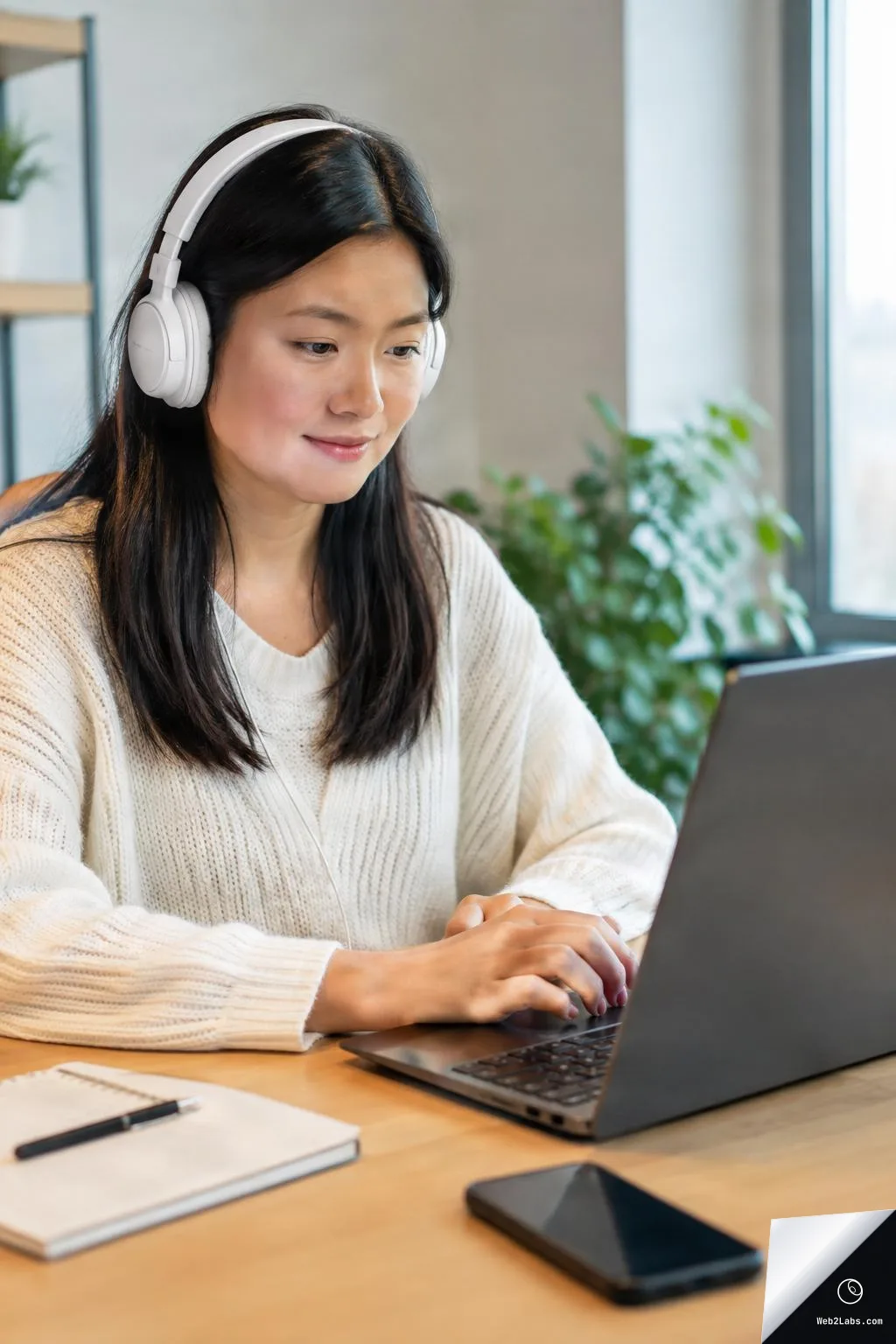 Woman wearing white over-ear headphones types on a laptop at a wooden desk with a notebook and smartphone in a bright room near a window.