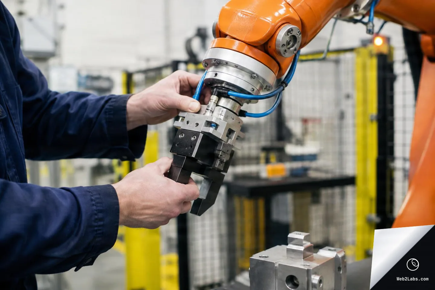 Close-up of a worker in a blue jacket using both hands to adjust a metal gripper tool on the end of an orange industrial robot arm inside a factory cell with safety fencing in the background.