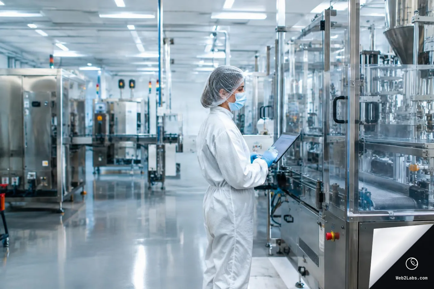 Worker in white cleanroom suit, hair net, mask, and blue gloves holding a tablet while inspecting stainless manufacturing machinery in a bright, clean factory.
