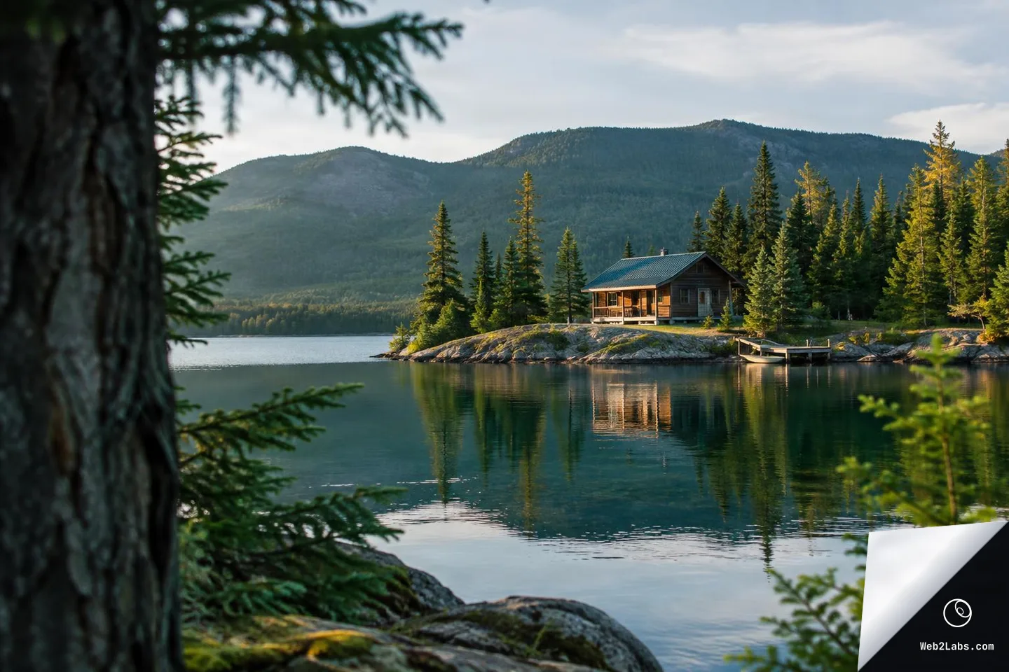 Wooden cabin on a rocky lakeshore with a small dock, surrounded by evergreen trees, reflected in a calm mountain lake and framed by out-of-focus pine branches in the foreground.