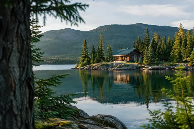 Lakeside Wilderness Cabin Framed by Pines