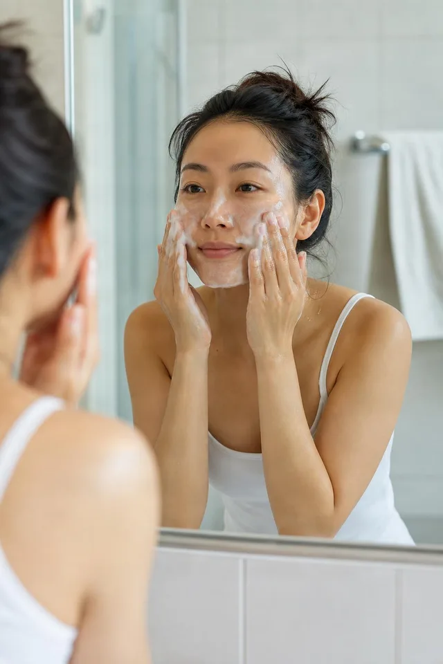 Washing Face at Bathroom Mirror