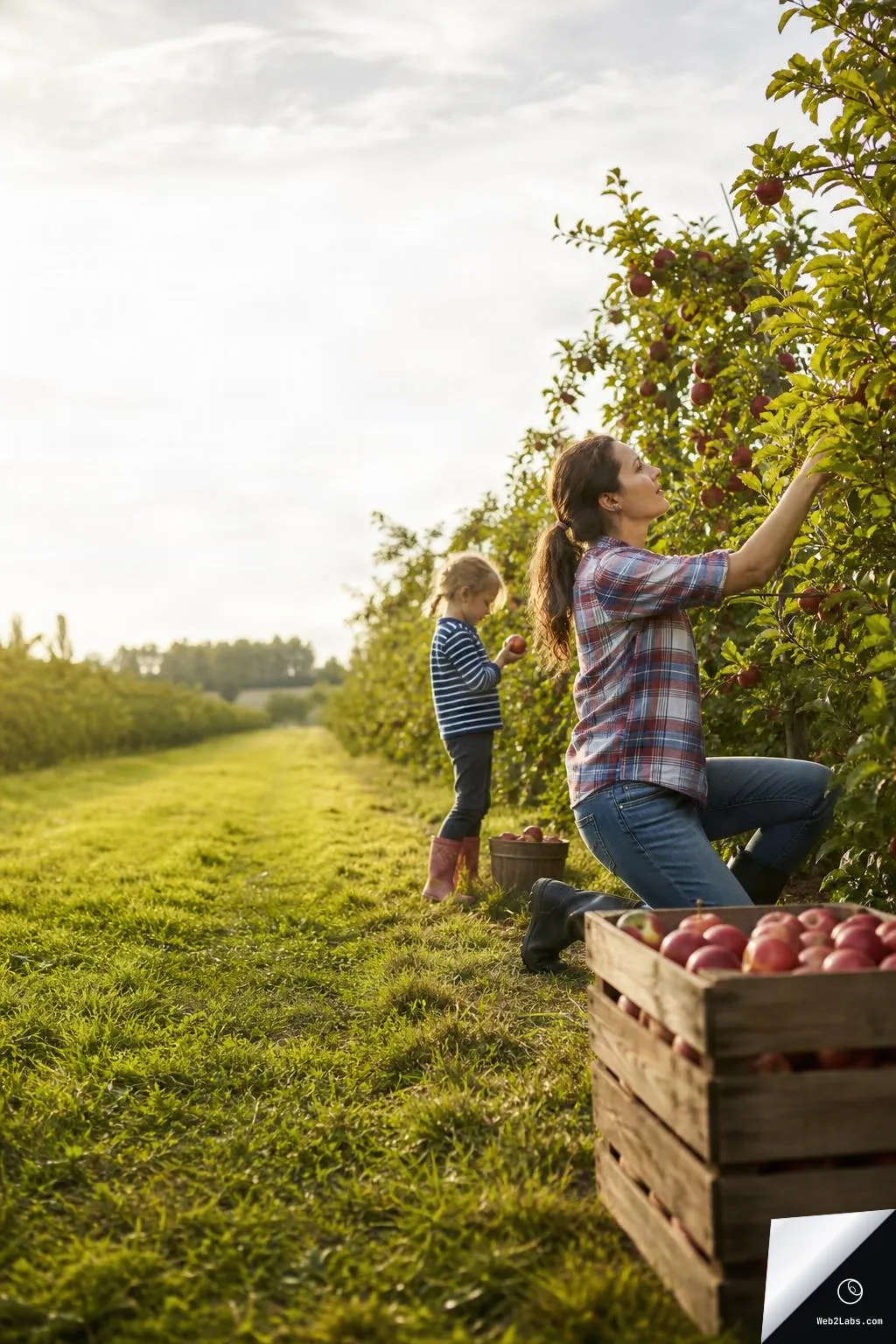 Woman kneeling to pick red apples from an orchard tree while a young child stands behind holding an apple; a wooden crate filled with apples sits in the foreground with open sky on the left for copy space.
