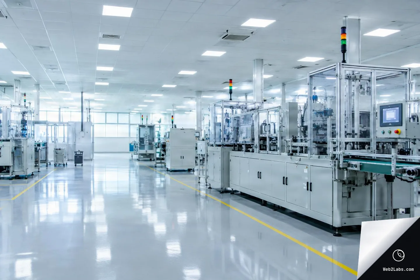 Wide shot of an empty clean manufacturing facility with enclosed machinery, indicator stack lights, a control panel, and a glossy floor with yellow lane markings under bright ceiling lights.