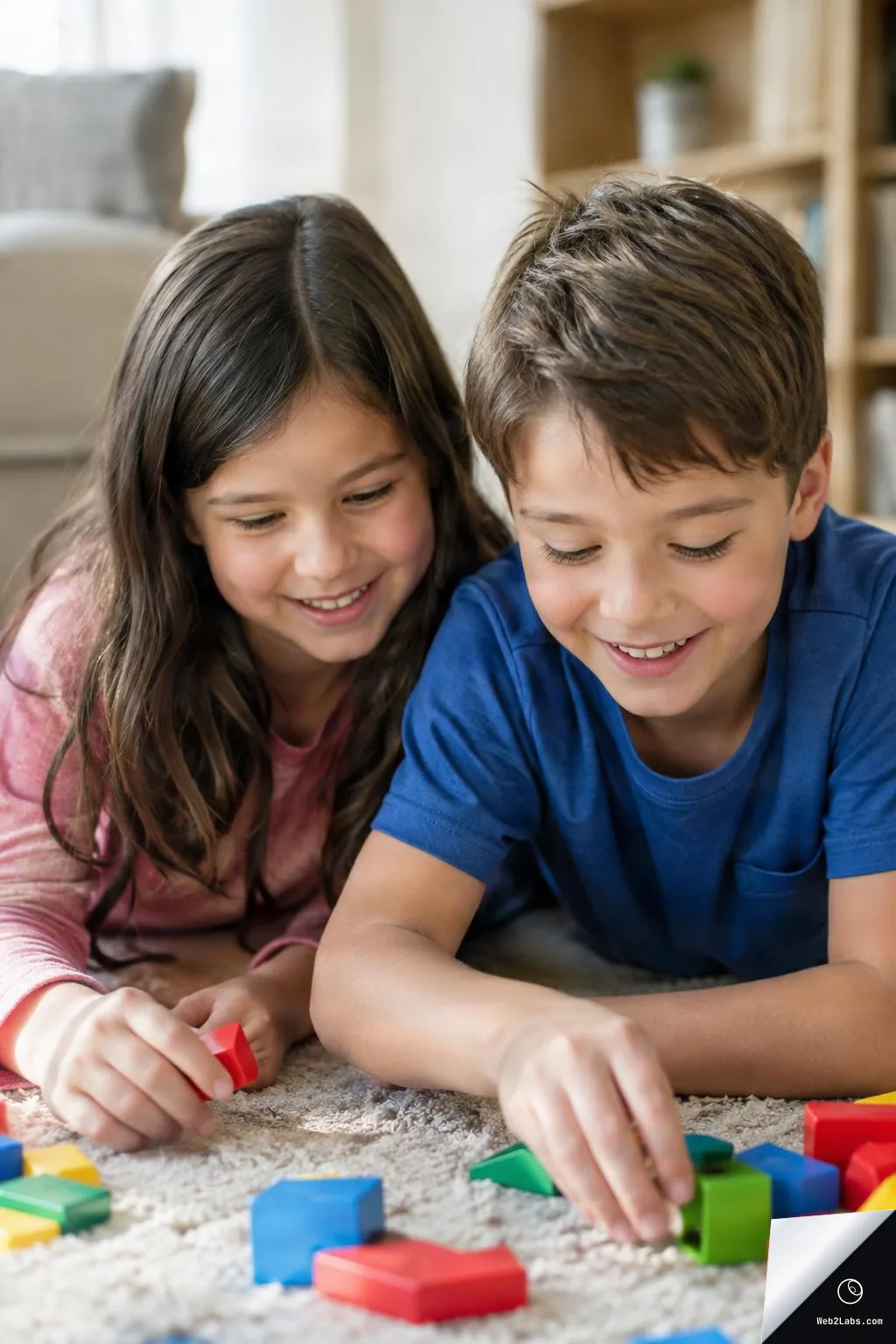 A young girl and boy lie on a carpet indoors, smiling and playing with colorful wooden blocks, with a softly blurred living room in the background.