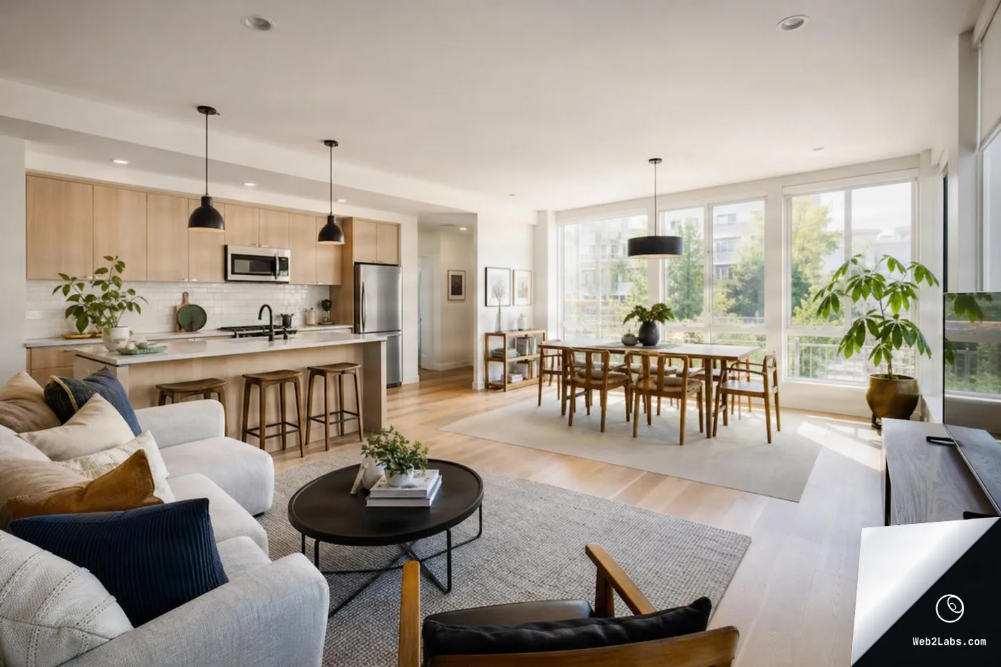Spacious open-plan apartment interior with a light wood kitchen and island stools on the left, a dining table by large windows in the center, and a living area with sofa and coffee table in the foreground; daylight and greenery visible outside.
