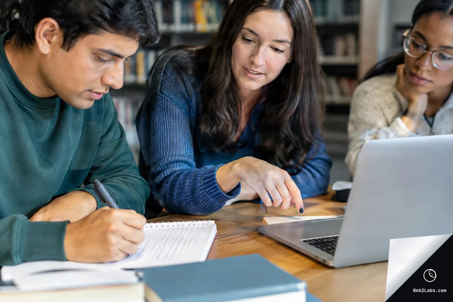 Three students at a wooden table in a library setting, one pointing at a laptop screen while another writes in a notebook.