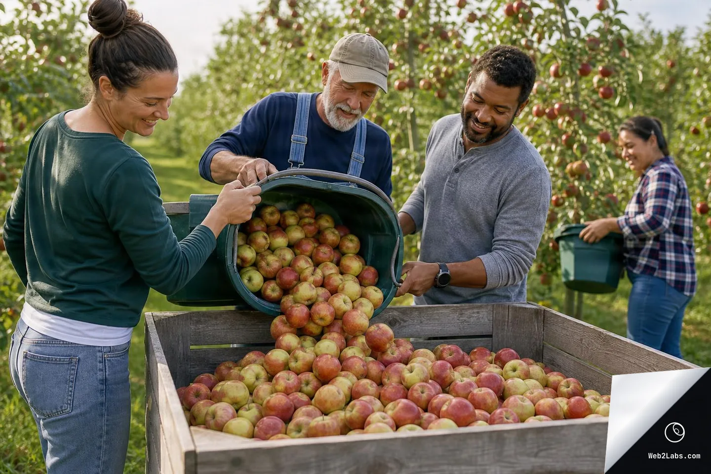 Three people smile while tipping a large green tub of apples into a wooden crate in an apple orchard, with another worker carrying a bin in the background.