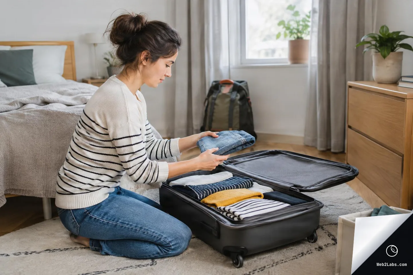 Side view of a woman kneeling on a rug in a bedroom while packing folded clothes into an open suitcase, with a backpack near a window in the background.
