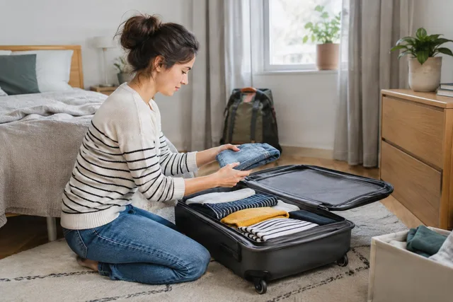 Woman Packing Suitcase on Floor