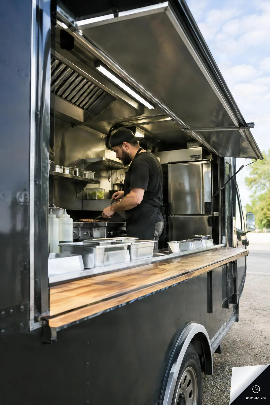 A cook in a black cap and apron grilling food inside a stainless-steel food truck kitchen, viewed through the open service window with prep containers on the counter and sky in the background.