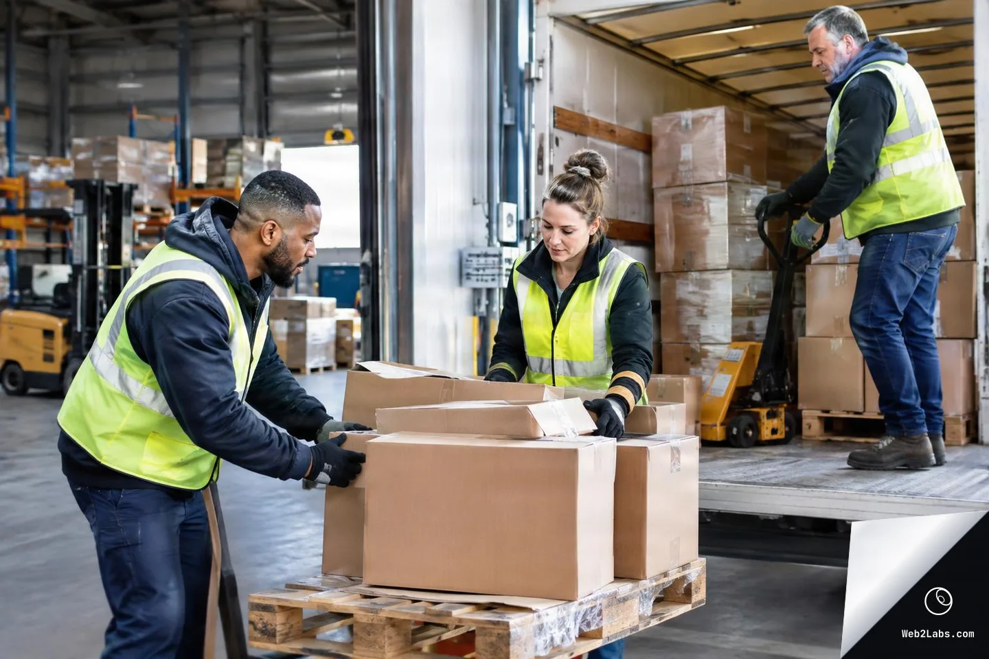 Three warehouse workers in safety vests load cardboard boxes onto a pallet beside an open truck at a warehouse loading dock.
