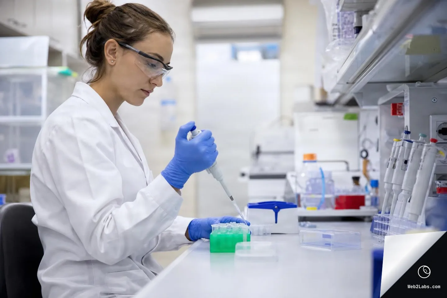 Woman in a white lab coat wearing safety glasses and blue gloves pipetting liquid into a rack of small tubes on a laboratory bench, with lab equipment and pipettes in the background.