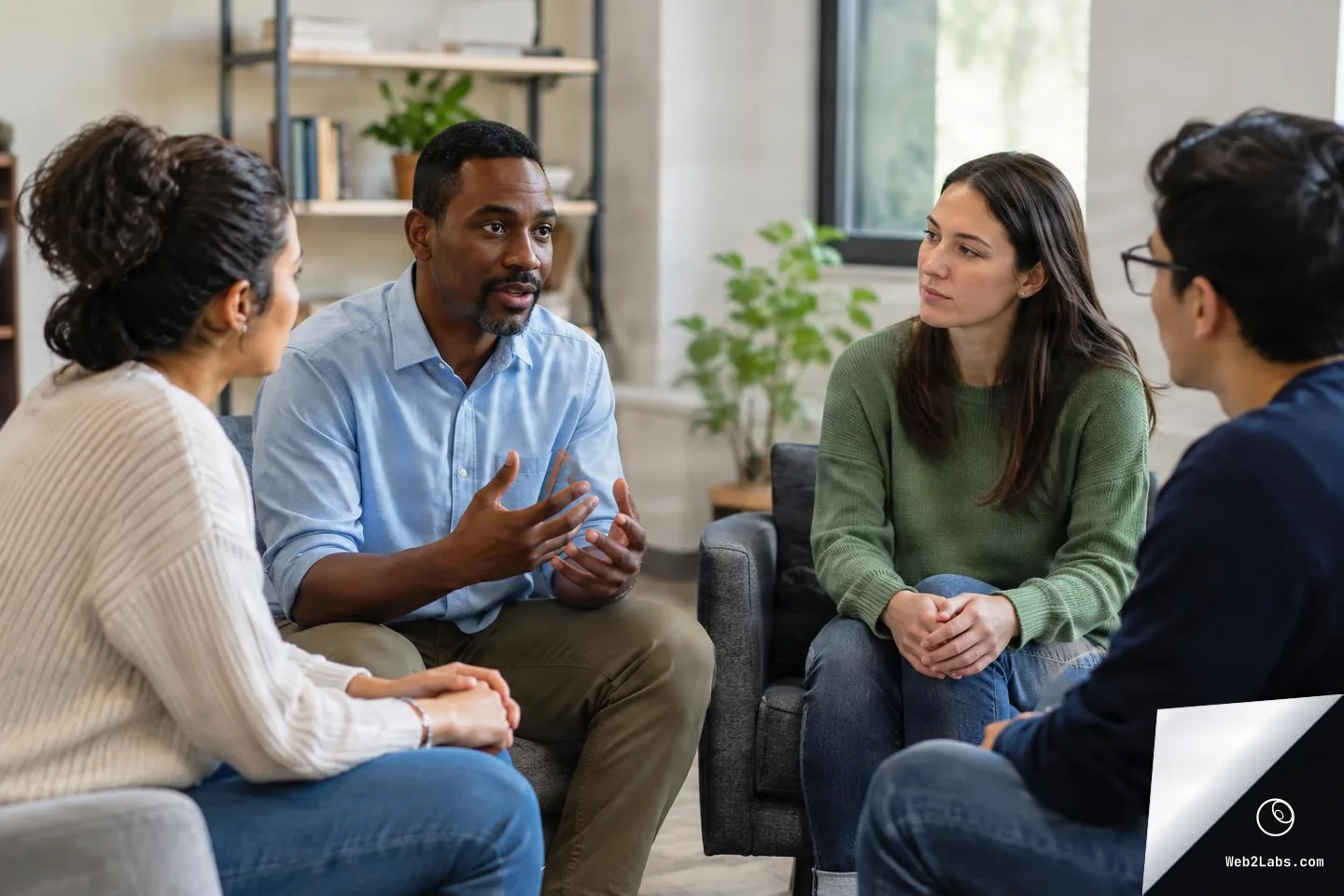 Four adults sit in a small circle in a bright office, listening as a man in a light blue shirt speaks with his hands during a counseling-style conversation.