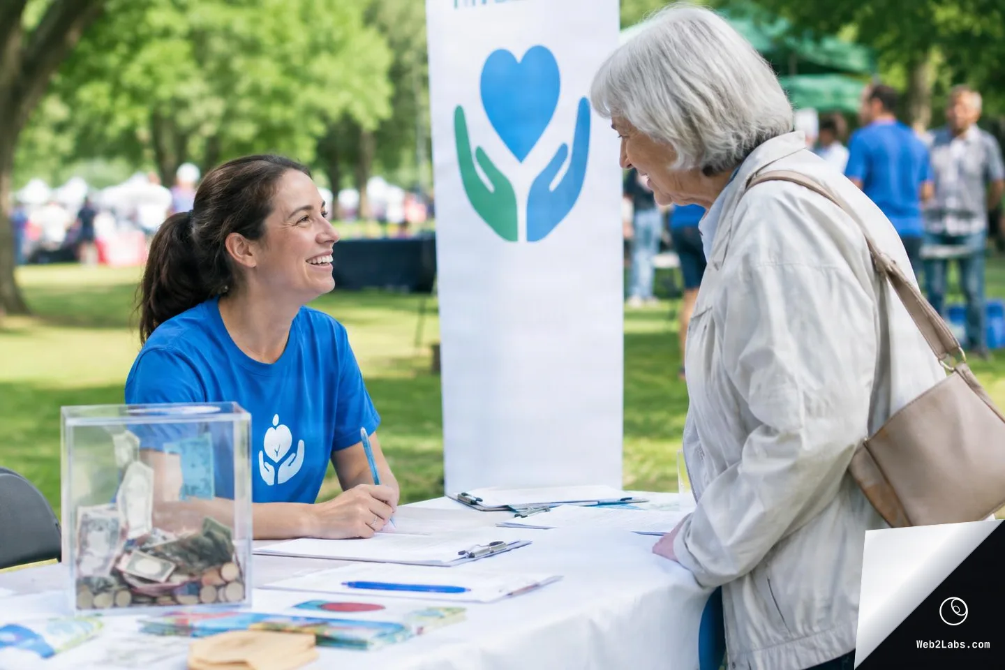 Smiling volunteer in a blue shirt talks with an older woman at a charity fundraising table with a donation box and paperwork in a park.