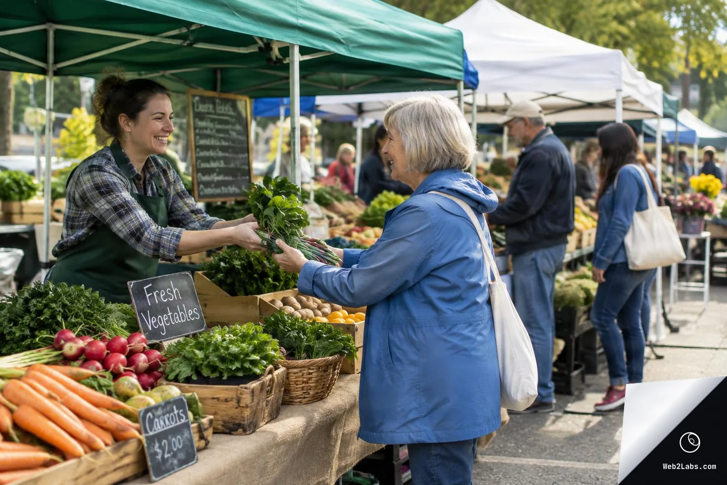 A smiling market vendor in an apron hands a bunch of leafy greens to an older woman in a blue jacket at an outdoor farmers market stall with carrots and other vegetables, while shoppers browse in the background.