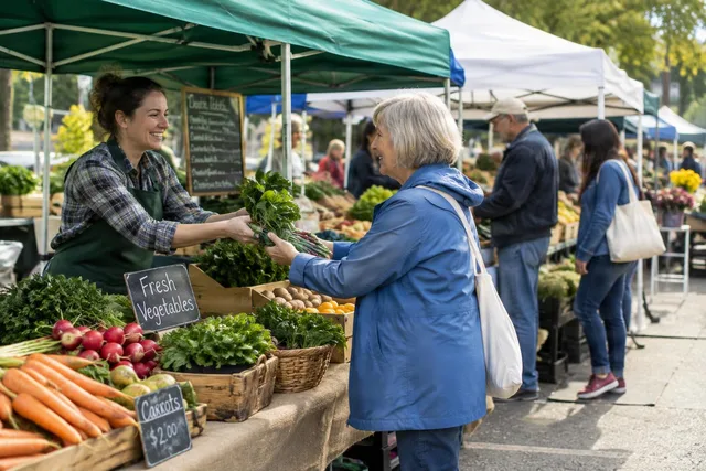Farmers Market Vendor Handing Greens