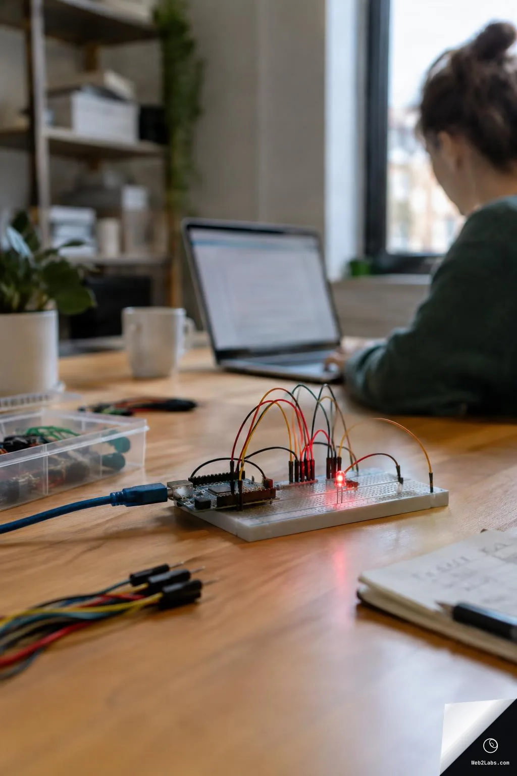 Breadboard electronics prototype on a wooden table with jumper wires and a red LED lit, with a blurred laptop and a person in the background near a window.