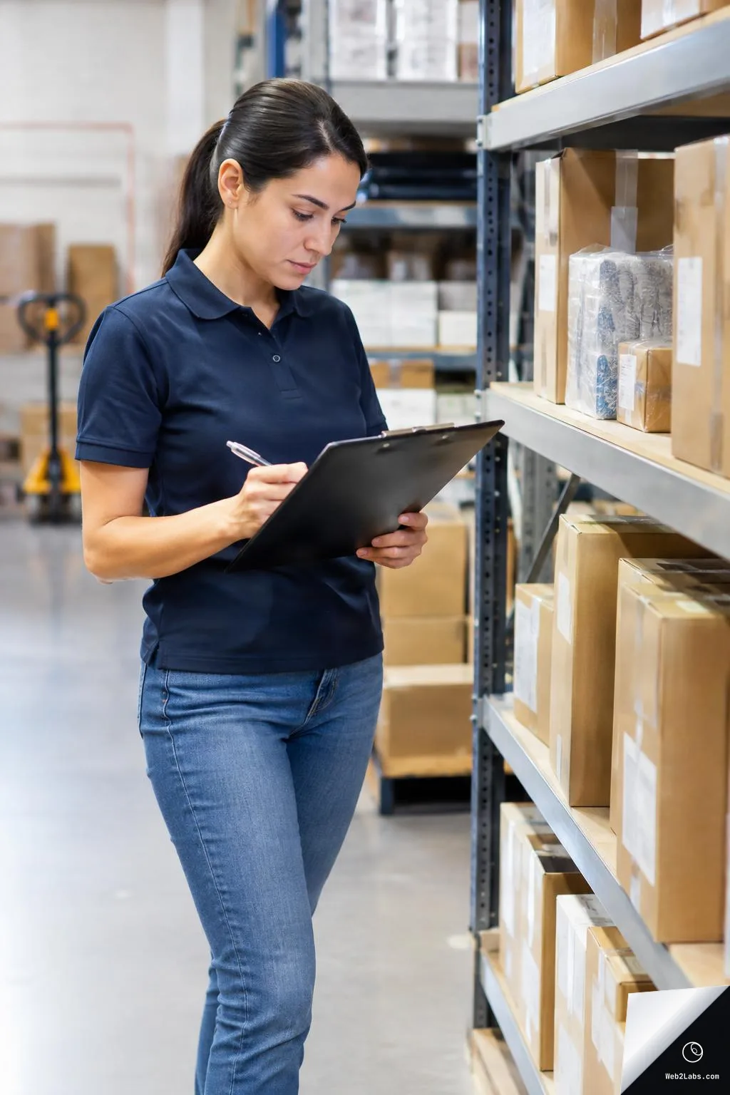 Warehouse worker in a navy polo writing on a clipboard while standing beside shelving filled with labeled cardboard boxes.